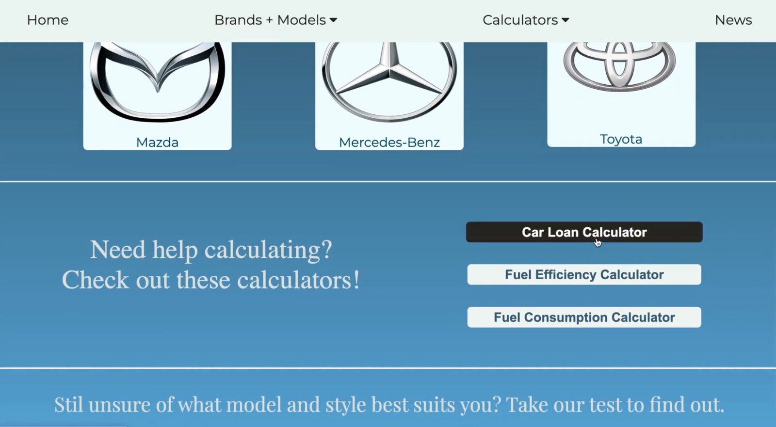 The car review website showing the fuel efficiency calculator